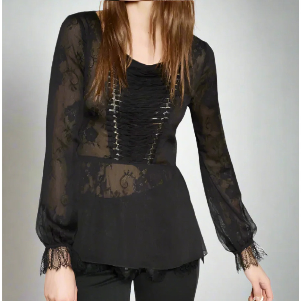 The Kooples Womens Corset Lace Sheer Top XS Peplum Witchy Boho Whimsygoth New